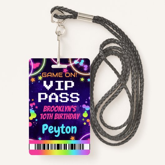 Game Op VIP Pass voor Meisjes Arcade Party Badge (Voorkant met draagriem)