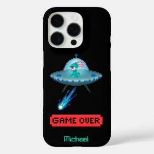 'Game Over' Alien Vliegende UFO Ruimteschip, Pixel iPhone 16 Pro Hoesje