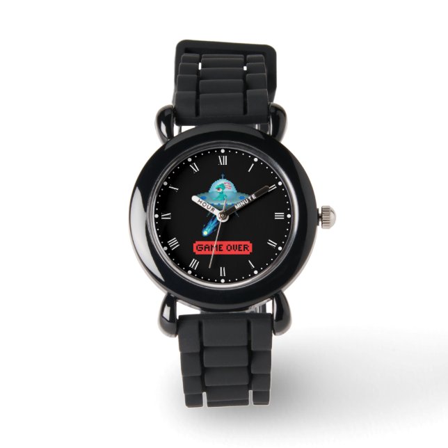 'Game Over' Alien Vliegende UFO Ruimteschip, Pixel Horloge (Voorkant)