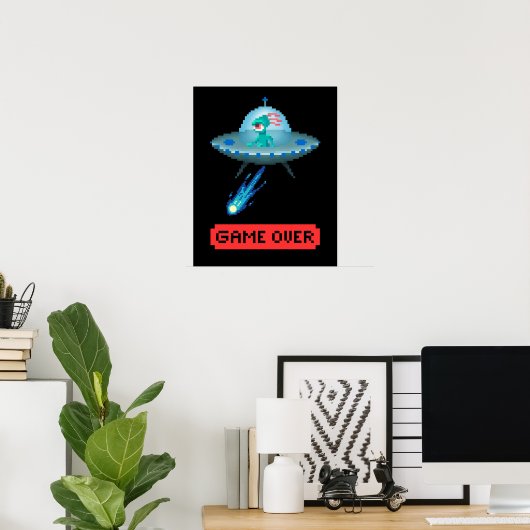 'Game Over' Alien Vliegende UFO Ruimteschip, Pixel Poster (Thuiskantoor)