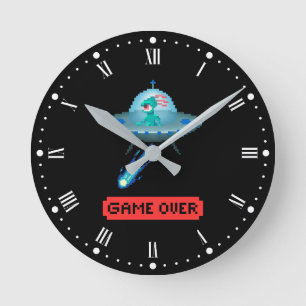 'Game Over' Alien Vliegende UFO Ruimteschip, Pixel Ronde Klok