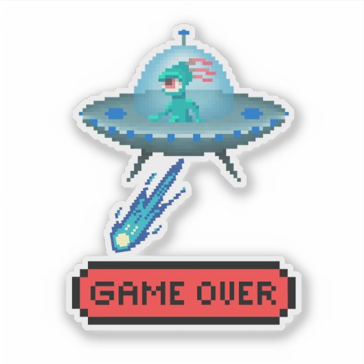 'Game Over' Alien Vliegende UFO Ruimteschip, Pixel Sticker (Voorkant)
