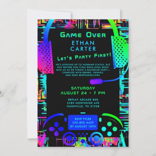 Game Over Bachelor Party Video Arcade Thema Kaart (Voorkant)