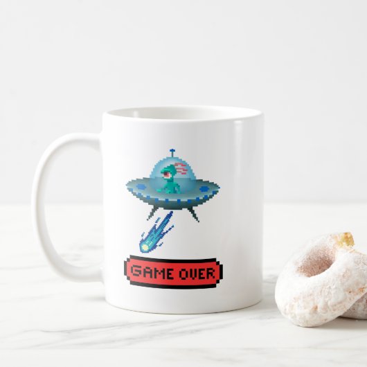 'Game Over' Buitenaards Vliegend UFO Ruimteschip, Koffiemok (Met donut)