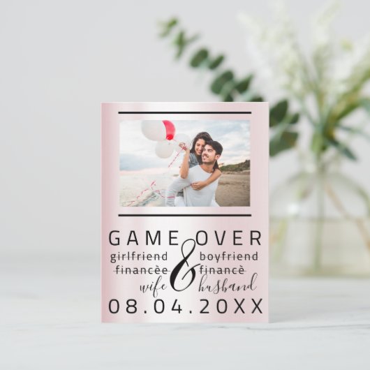 Game Over Dun Save The Date Koppel Foto  Briefkaart (Staand voorkant)