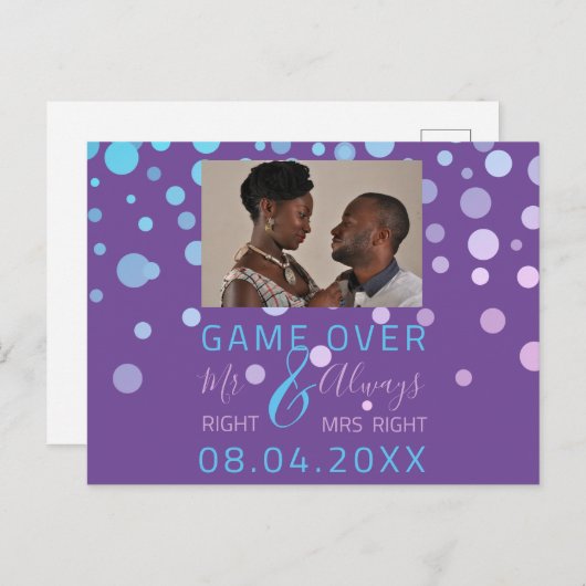 Game over Funny Save the Date Weddenschap Paarse P Briefkaart (Voorkant / Achterkant)