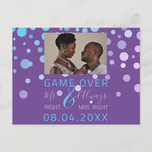 Game over Funny Save the Date Weddenschap Paarse P Briefkaart (Voorkant)