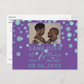 Game over Funny Save the Date Weddenschap Paarse P Briefkaart (Voorkant / Achterkant)