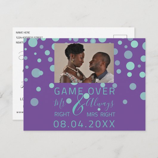 Game over Funny Save the Date Weddenschap Paarse P Briefkaart (Voorkant / Achterkant)