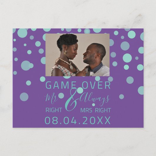Game over Funny Save the Date Weddenschap Paarse P Briefkaart (Voorkant)