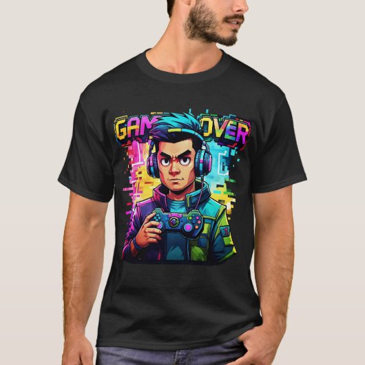 Game Over Glitch T-Shirt Retro Neon Gamer T-shirt (Voorkant)