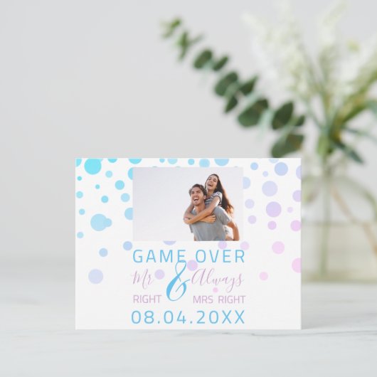 Game Over Grappig Save De Datum Bruiloft Wit Foto Briefkaart (Staand voorkant)