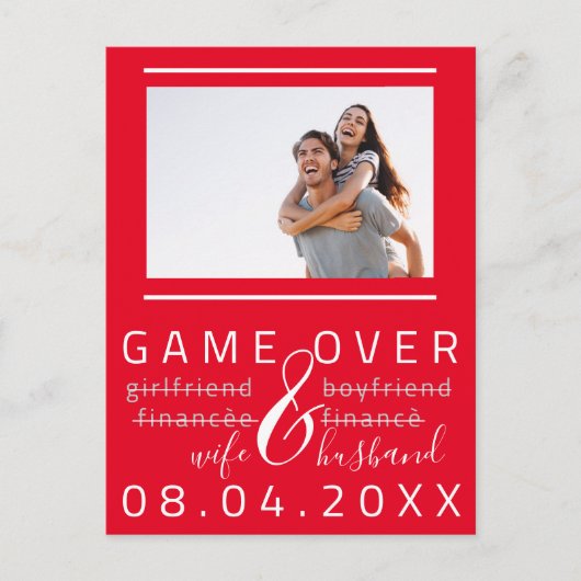 Game Over Grappige Bewaar De Datum Foto rood Wit Briefkaart (Voorkant)