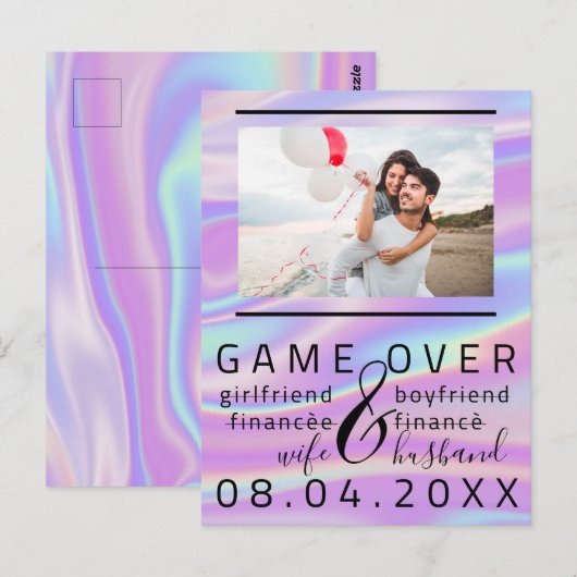 Game Over Holografische Save The Date Koppel Foto Briefkaart (Voorkant / Achterkant)