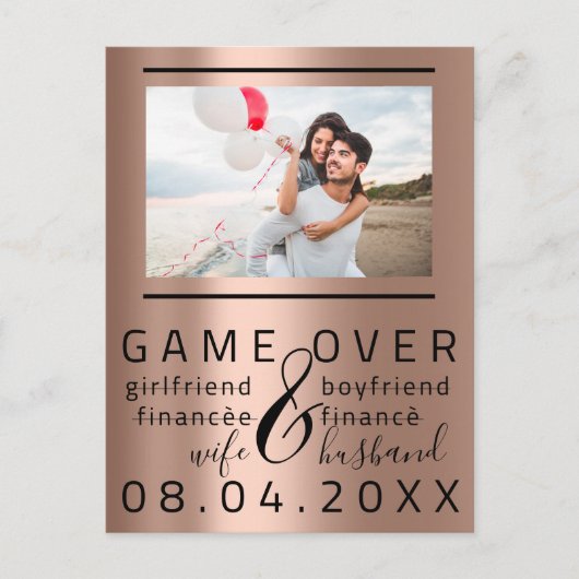 Game Over Huidige Funny Save The Date Koppel Foto Briefkaart (Voorkant)