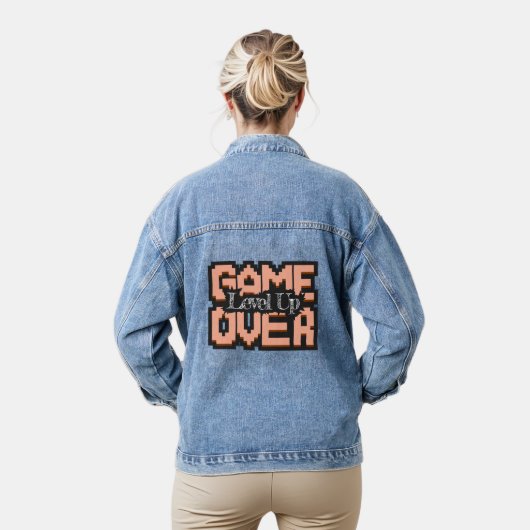 Game Over, Level Up: Gepixelde Retro Gamewereld Denim Jacket (Model)