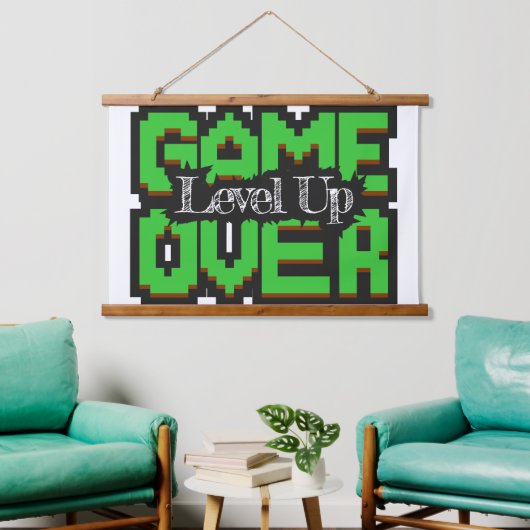 Game Over, Level Up: Gepixelde Retro Gamewereld Hangend Wandkleed (Woonkamer)