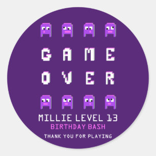 Game over monster paarse verjaardagsfeestje dank j ronde sticker