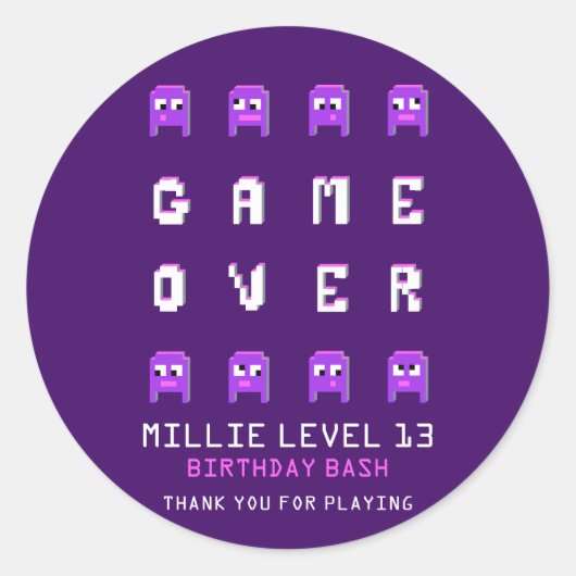 Game over monster paarse verjaardagsfeestje dank j ronde sticker (Voorkant)