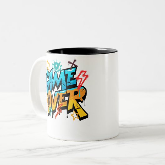 Game Over Mug – Classic Gamer Cup with Retro Sty Tweekleurige Koffiemok (Voorkant links)