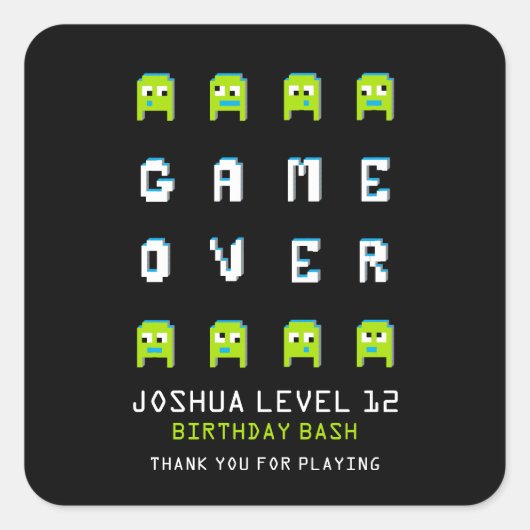 Game over pixel monster aliens party bedankt vierkante sticker (Voorkant)
