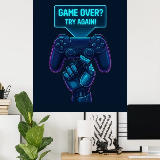 Game over? Probeer het nog eens! – Futuristisch Ga Poster (Thuiskantoor)
