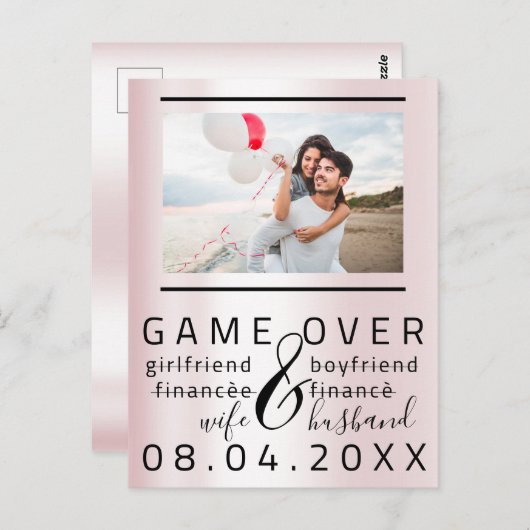 Game over Skinny Funny Save the Date Couple Photo Briefkaart (Voorkant / Achterkant)