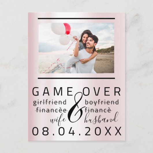 Game Over Skinny Funny Save The Date Koppel Foto  Briefkaart (Voorkant)