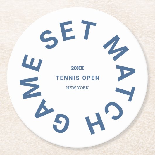Game Set Match Blauwe Tennistoernooi Logo Ronde Kartonnen Onderzetter (Voorkant)