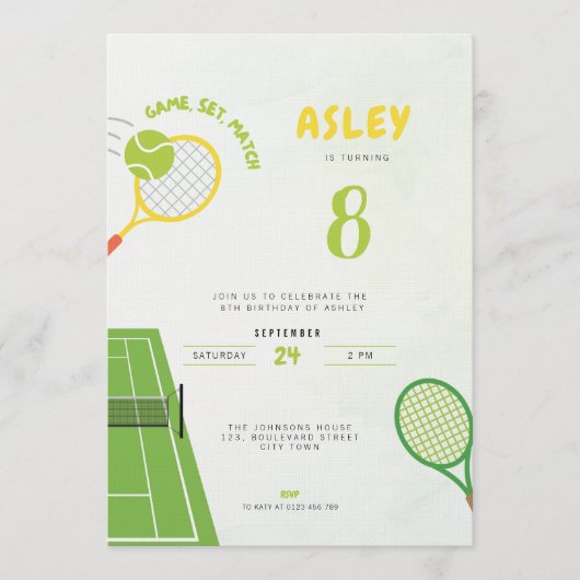 Game, Set, Match Tennis Party Trendy 8th Birthday Kaart (Voorkant)