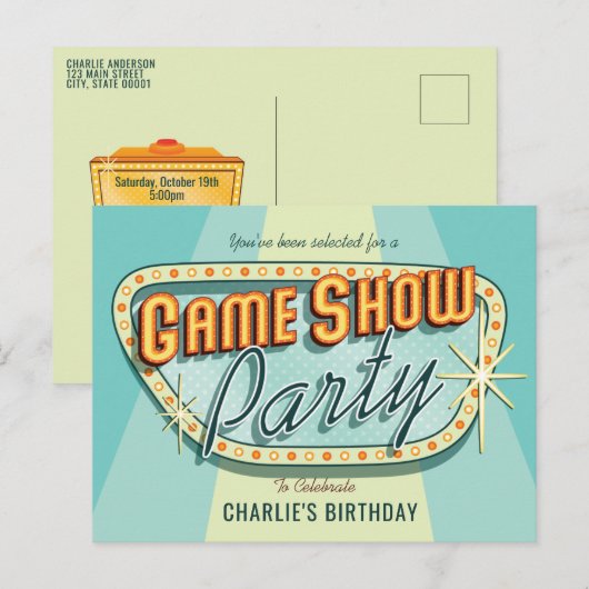 Game Show Party Invitation Briefkaart (Voorkant / Achterkant)