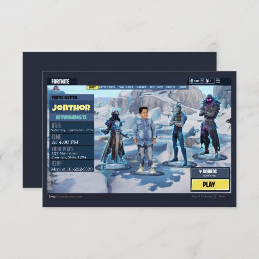 Game thema Uitnodiging (Voorkant / Achterkant)