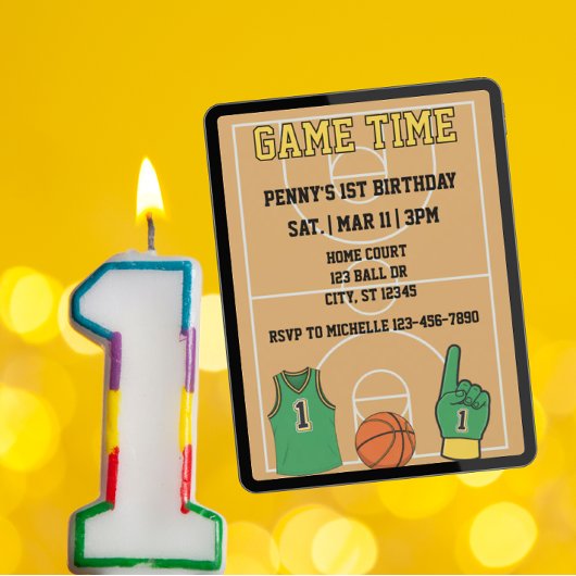 Game Time, Basketball 1st Birthday Kaart