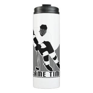Game Time Hockey Speler Zwart Wit Geïsoleerd Thermosbeker