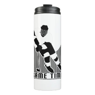 Game Time Hockey Speler Zwart Wit Geïsoleerd Thermosbeker
