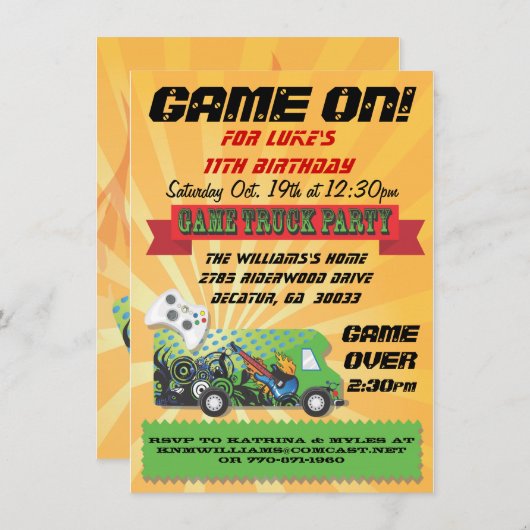 Game Truck Party-uitnodigingen Kaart (Voorkant / Achterkant)