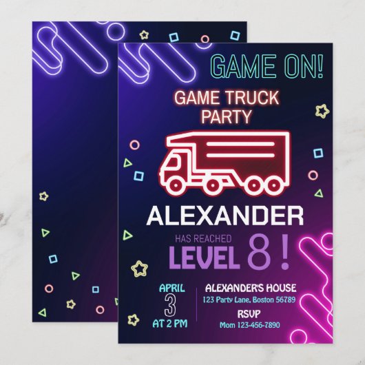 Game Truck Verjaardag Uitnodiging Gaming uitnodigi (Voorkant / Achterkant)