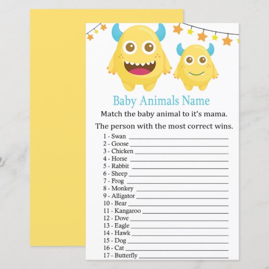 Game Yellow Monster Baby Animals Name Game (Voorkant / Achterkant)