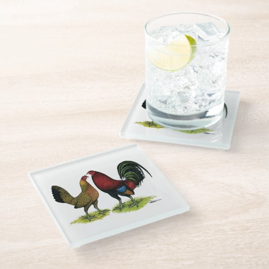 Gamefowl Pair Glazen Onderzetter (Schuin)