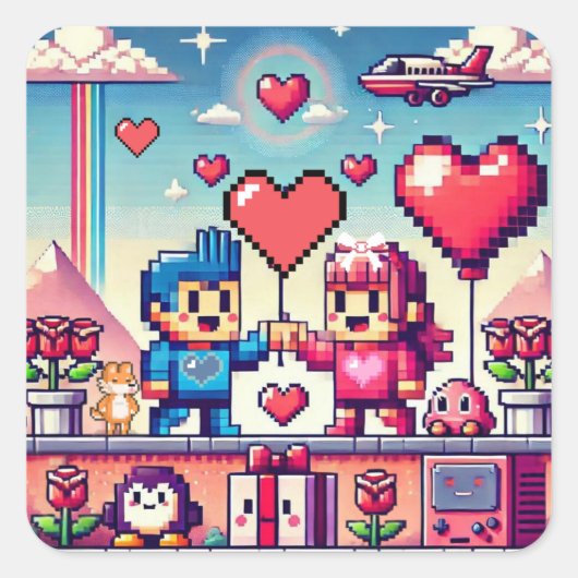 Gamer 8 bit Valentijnsdag Vierkante Sticker (Voorkant)