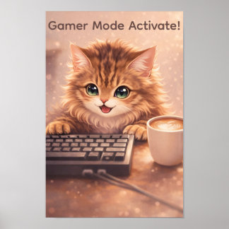 Gamer Anime Kat aan Toetsenbord Poster