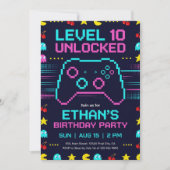 Gamer Birthday Invitation  Pixel Video Game Party Kaart (Voorkant)
