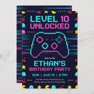 Gamer Birthday Invitation  Pixel Video Game Party Kaart