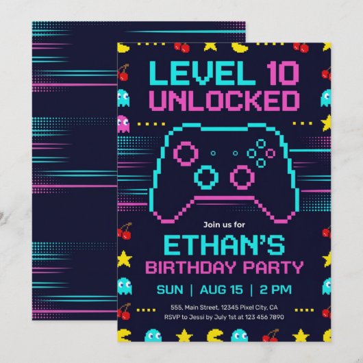 Gamer Birthday Invitation  Pixel Video Game Party Kaart (Voorkant / Achterkant)