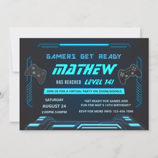 Gamer Blue Virtual Birthday Party Kaart (Voorkant)