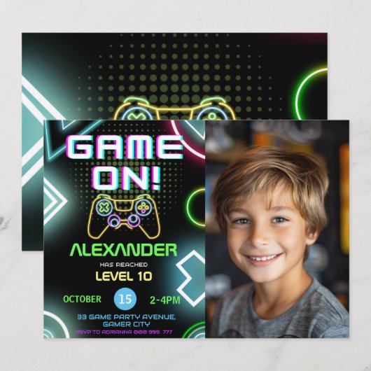 Gamer Boy 10th Neon Gaming Verjaardag Foto Kaart (Voorkant / Achterkant)