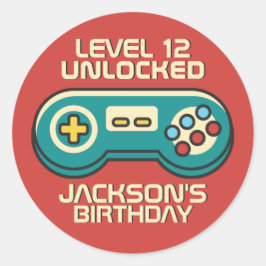 Gamer Boy Level Unlocked Retro Gaming Birthday Ronde Sticker
