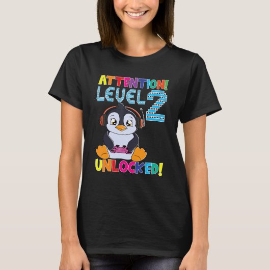 Gamer Boy Penguin Attentie Level 2 Unlocked Gamin T-shirt (Voorkant)