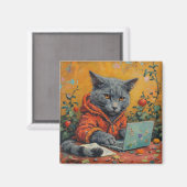 Gamer Cat at the Computer – Funny Tech Meme Square Magneet (Voorkant / Achterkant)
