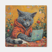 Gamer Cat at the Computer – Funny Tech Meme Square Magneet (Voorkant)